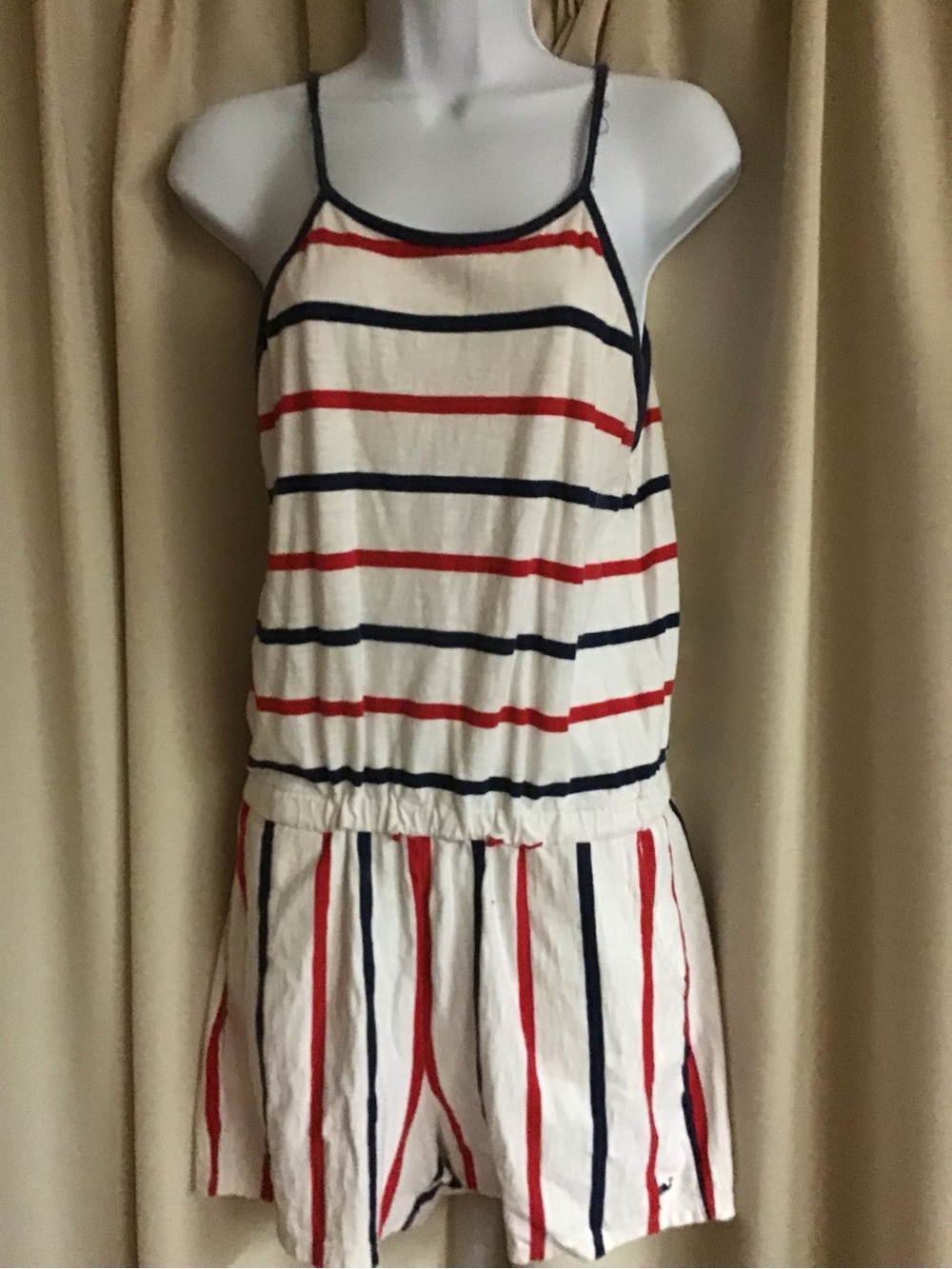 Target Cream Striped Romper with Red and Navy